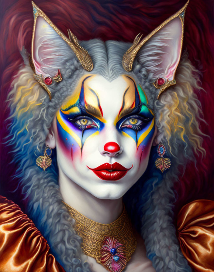 Fantasy illustration of a cat-like figure with intricate face-paint and elegant attire