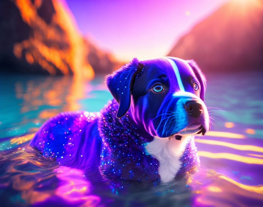 Blue and Purple Dog Swimming at Sunset with Sun Rays