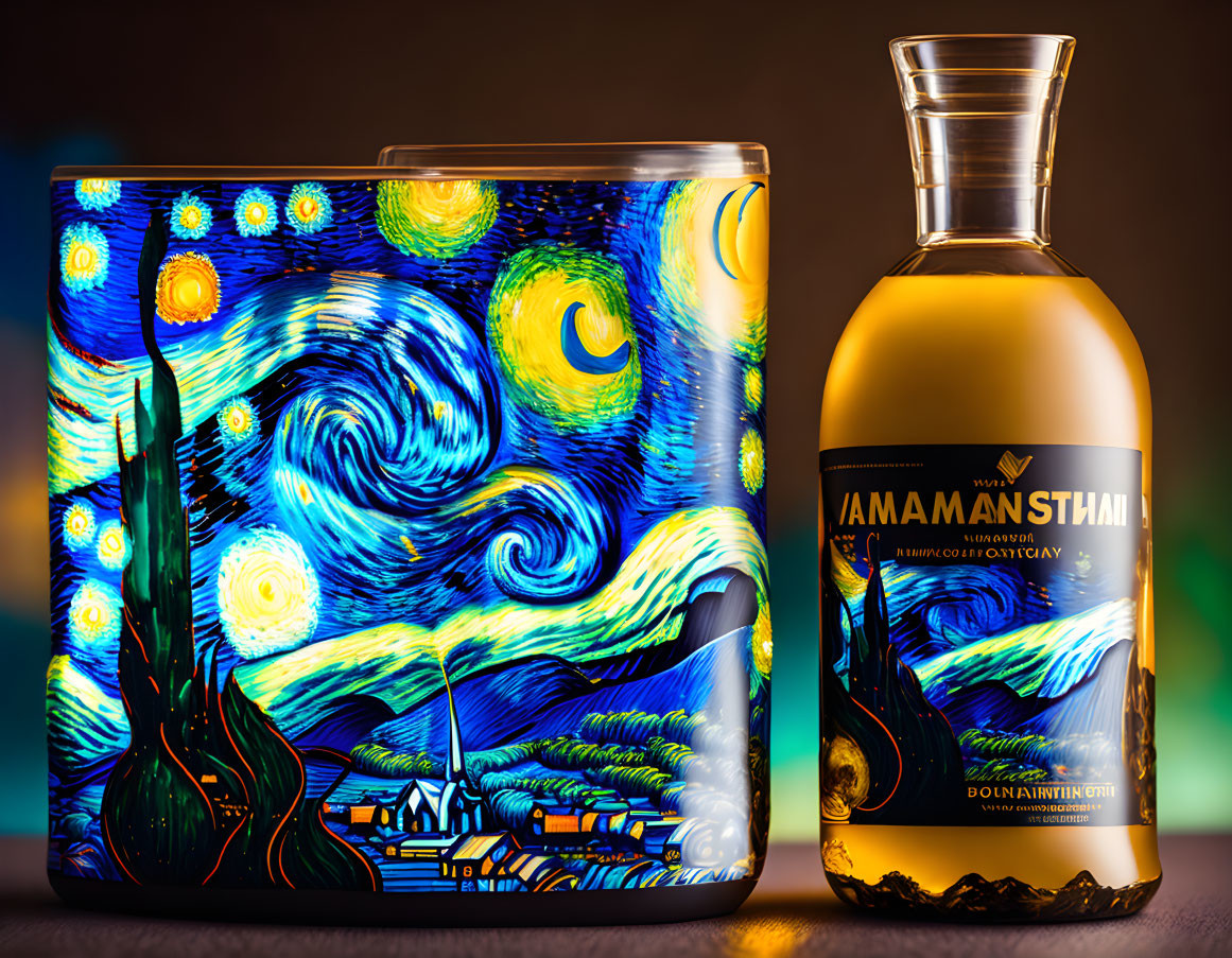 Cinnamon Spiced Rum Bottle with Starry Night Artwork Box on Bokeh Background