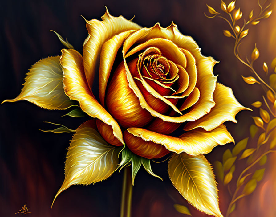 Detailed Digital Rendering of Golden-Yellow Rose on Dark Background