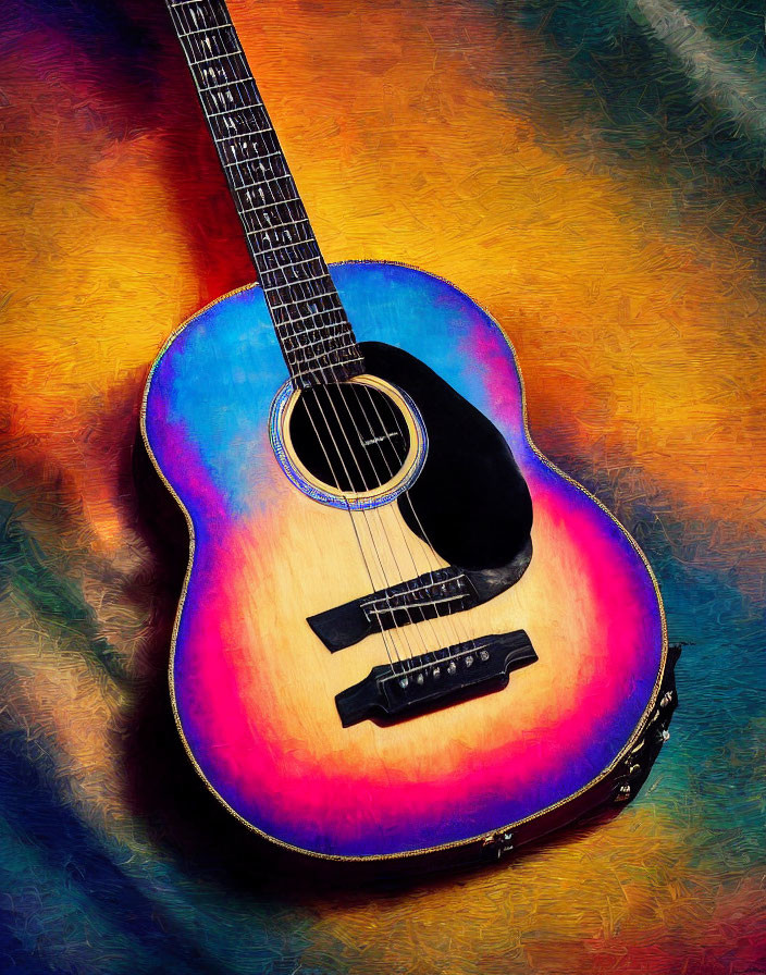 Vibrant sunburst acoustic guitar on textured multicolored background