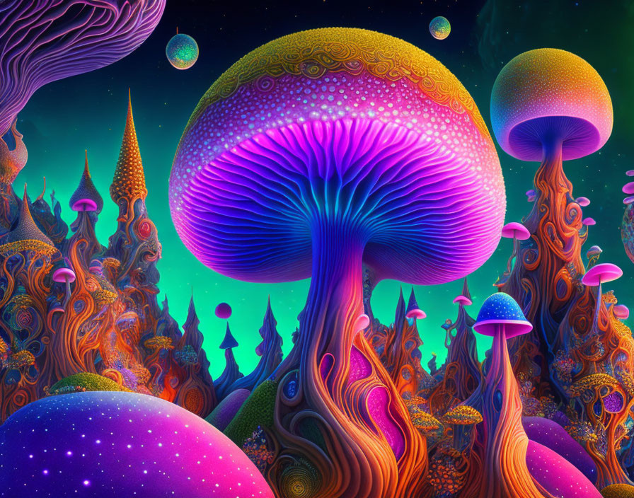 Colorful Psychedelic Mushroom Artwork in Fantastical Landscapes