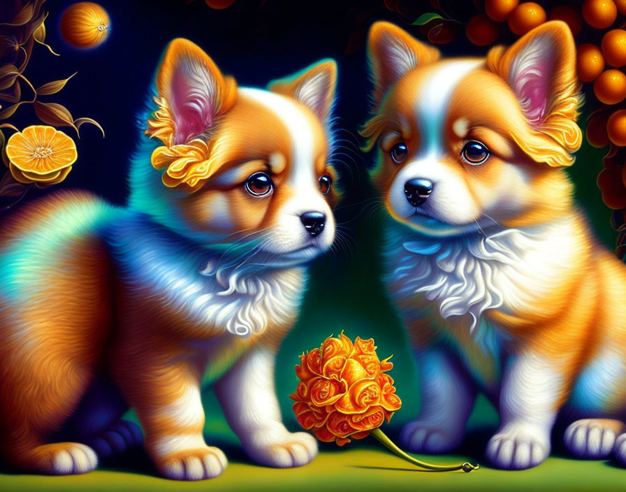 Two stylized, vividly colored Corgi puppies with a rose, set against a dark background