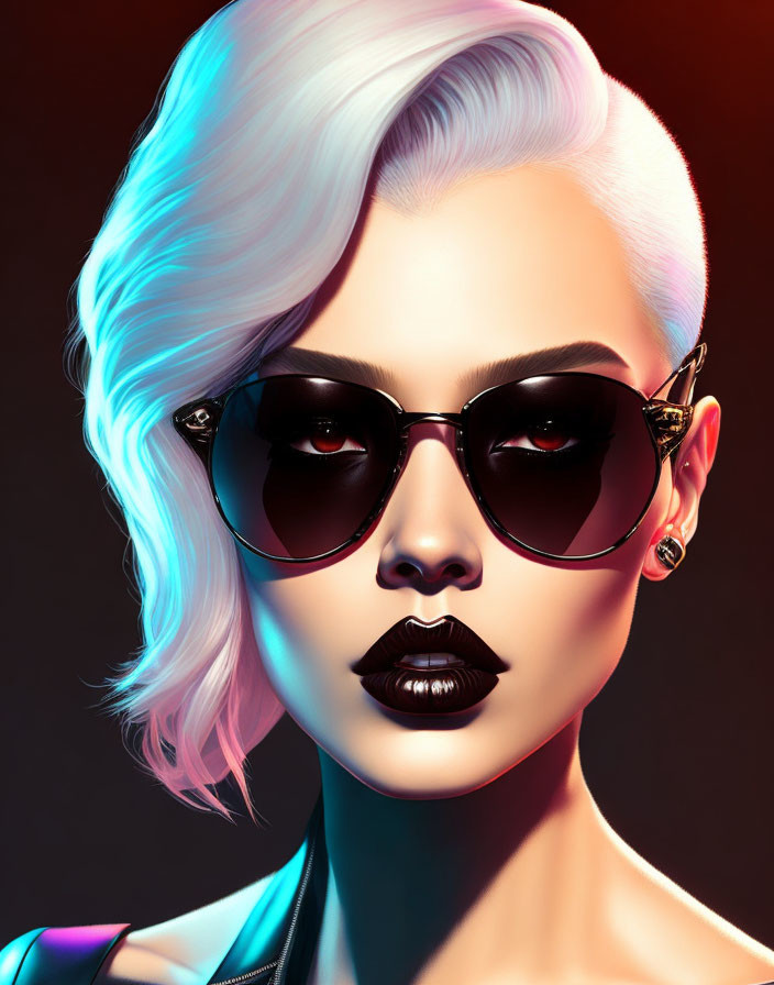 Woman with white hair, black sunglasses, and dark lipstick on dark background