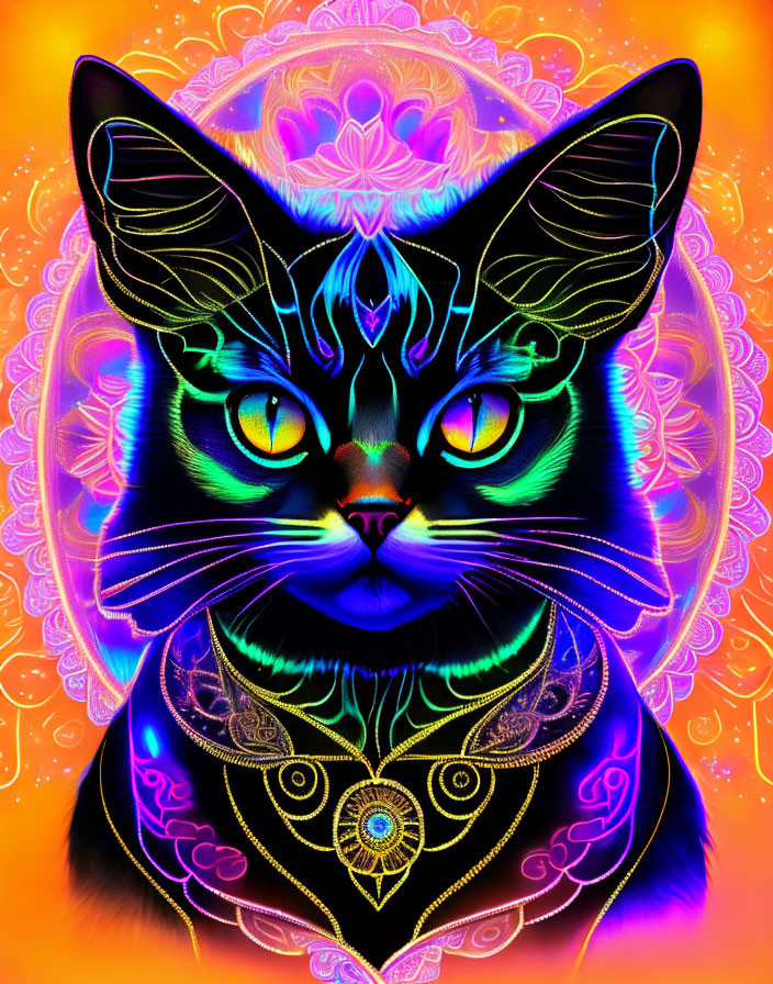 Colorful Digital Art: Mystical Cat with Neon Outlines and Glowing Aura