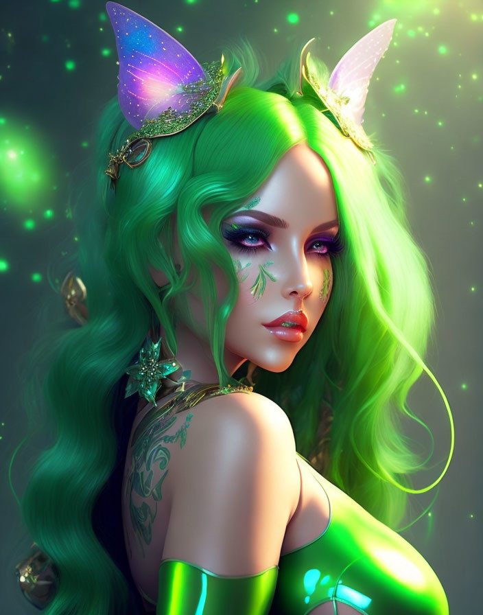 Fantasy-inspired woman with green hair and glowing skin designs