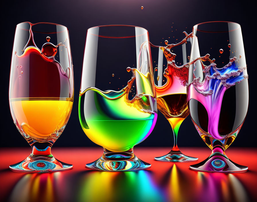 Colorful Liquid Splashing in Glasses on Dark Background