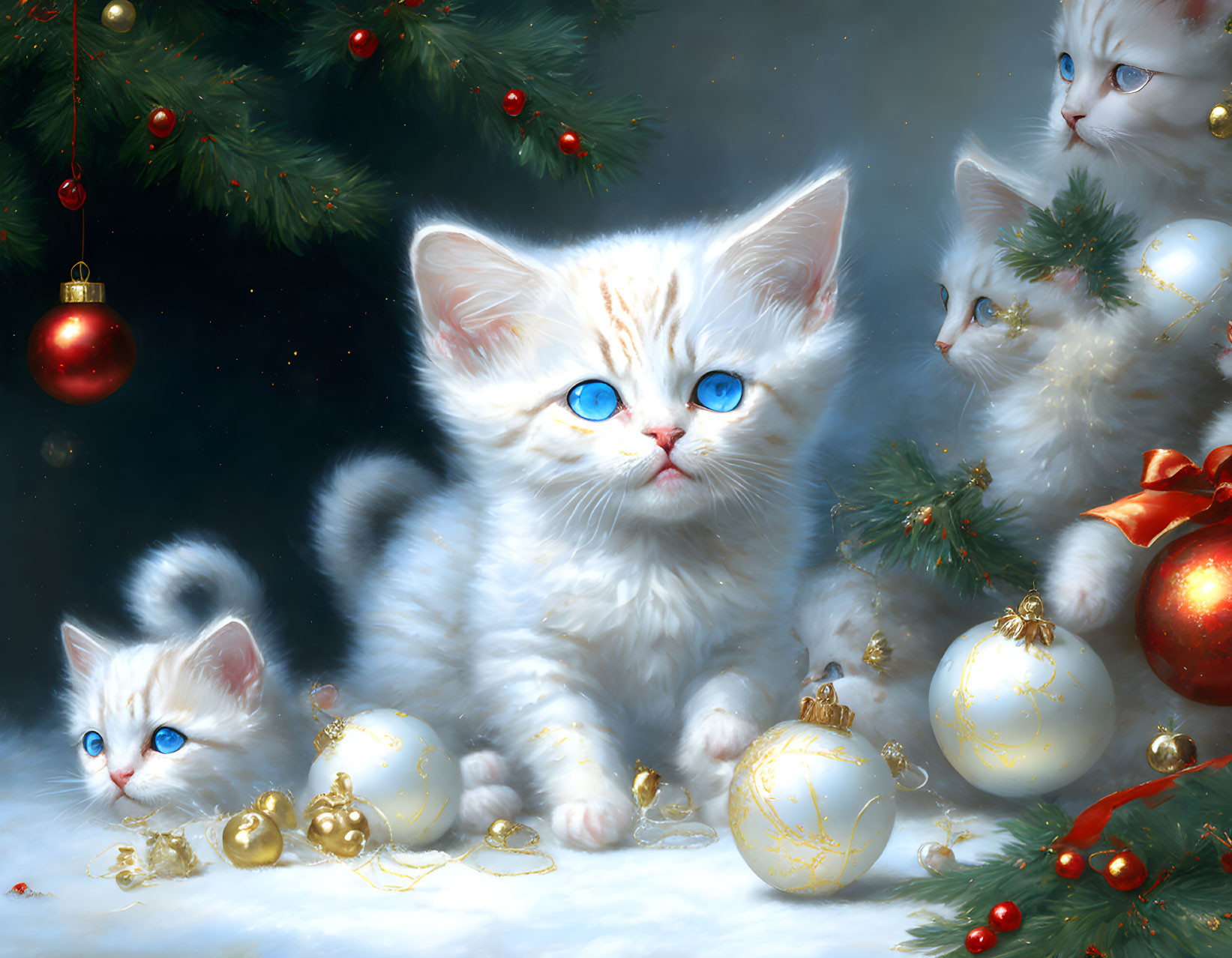 Adorable white kittens with blue eyes in Christmas setting