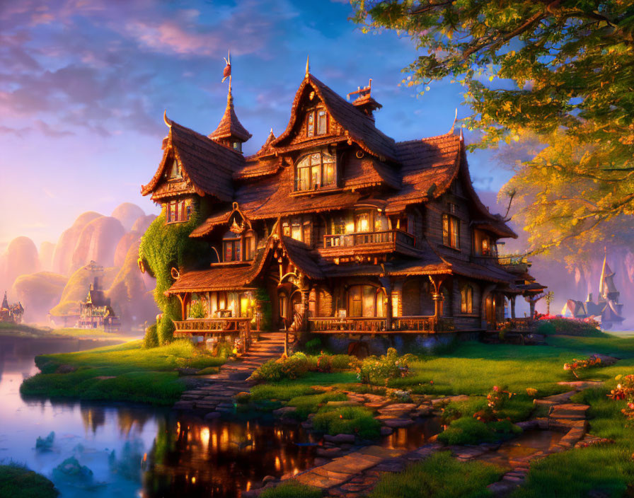 Fantasy cottage with gabled roofs in serene landscape at sunset