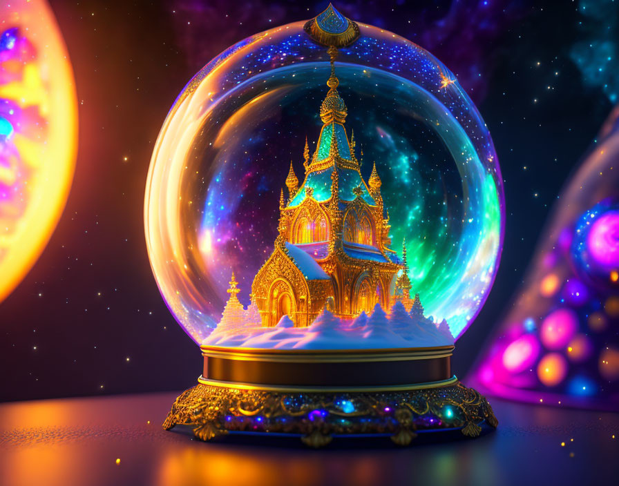 Snow Globe with Illuminated Castle in Cosmic Starry Background