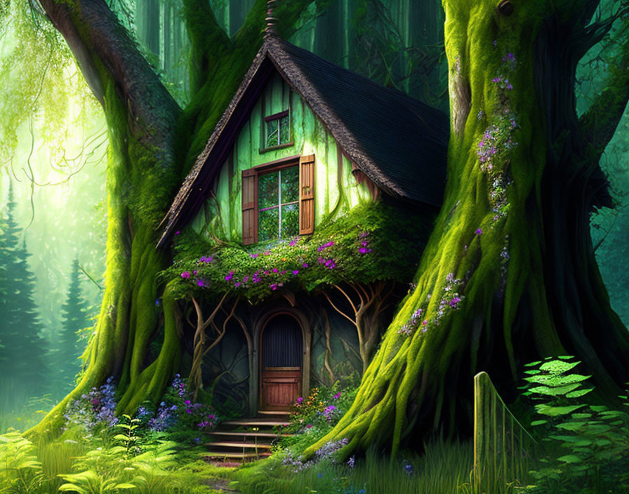 Forest Cottage Surrounded by Towering Trees and Purple Flowers