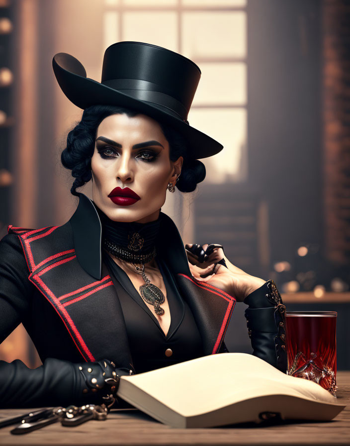 Person with dramatic makeup and top hat in black and red jacket with book and glass pose.