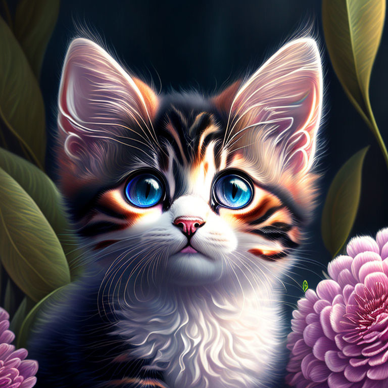 Adorable kitten with blue eyes in vibrant floral setting