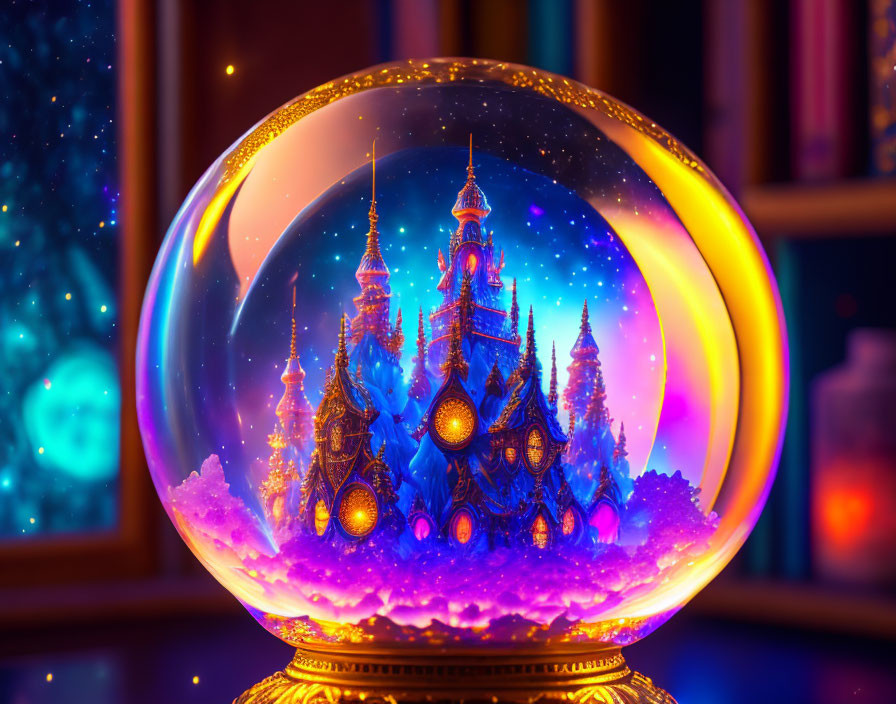 Crystal Ball Fantasy Castle Snow Scene with Bokeh Lights