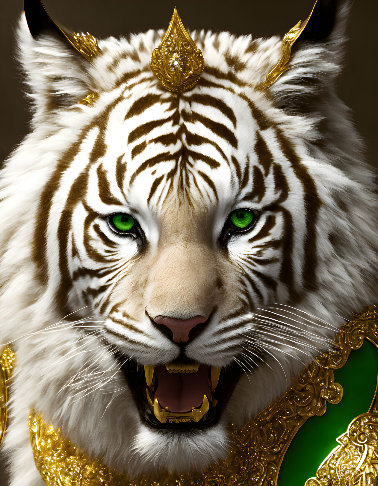 Close-up White Tiger Digital Artwork with Green Eyes and Gold Armor