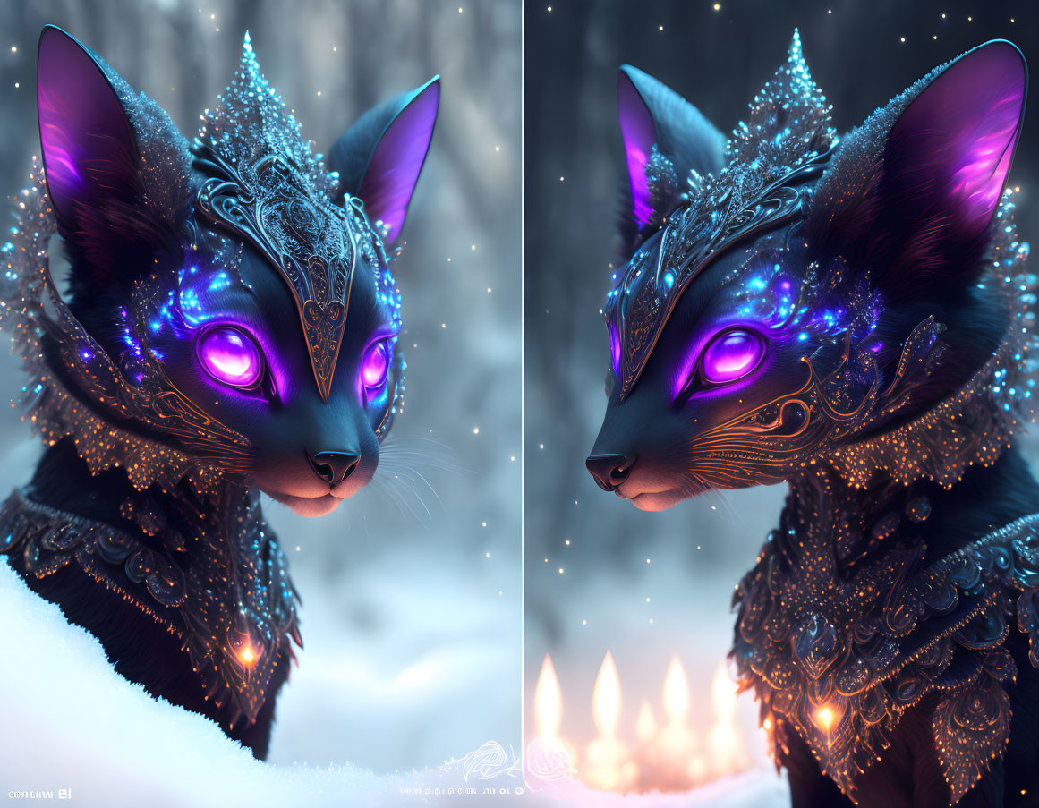 Mystical feline creature with glowing purple eyes in snowy setting