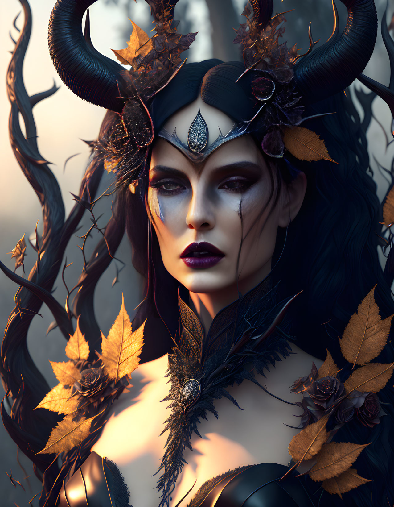 Dark-haired woman with horned headdress and autumnal makeup.