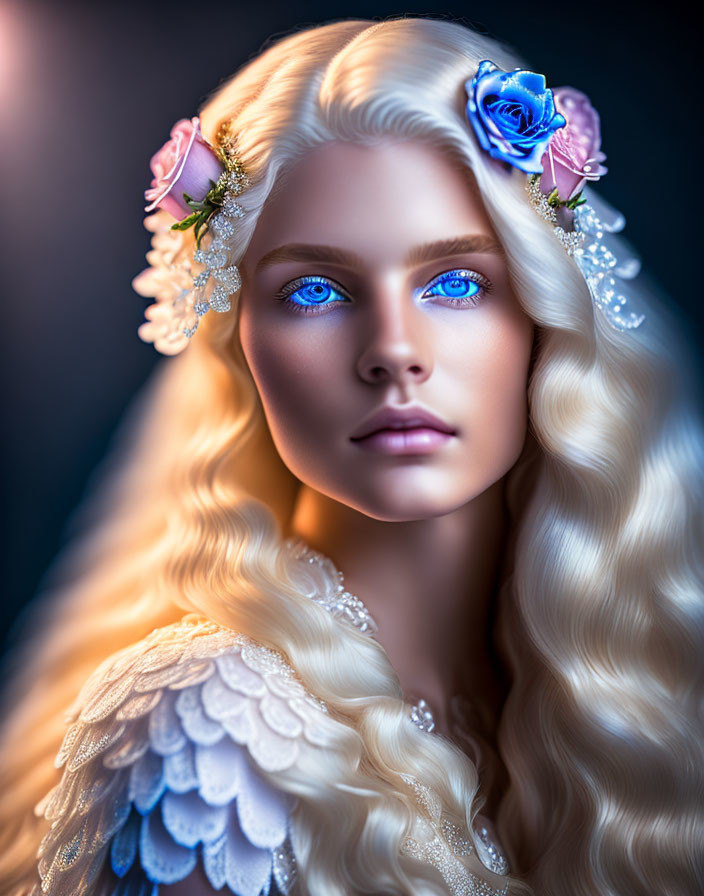 Portrait of Woman with Wavy Blonde Hair and Blue Eyes in Floral Headpiece and White Wings