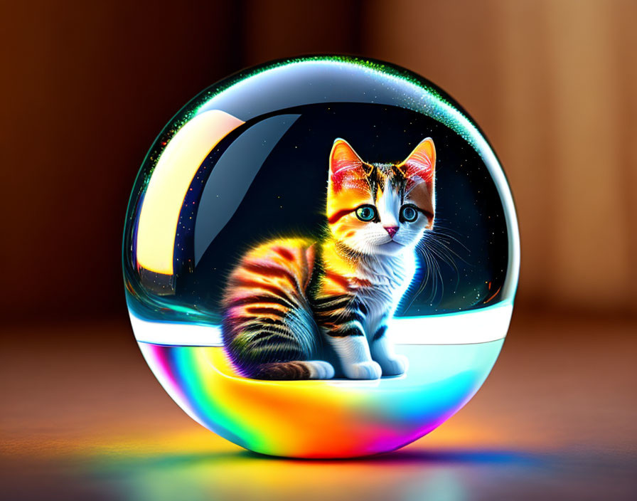 Colorful digital artwork: Kitten in luminous bubble on dark background