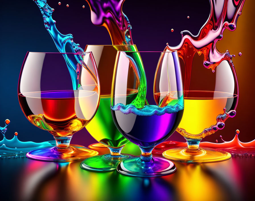 Vibrant background with three glasses of colorful liquid splashing