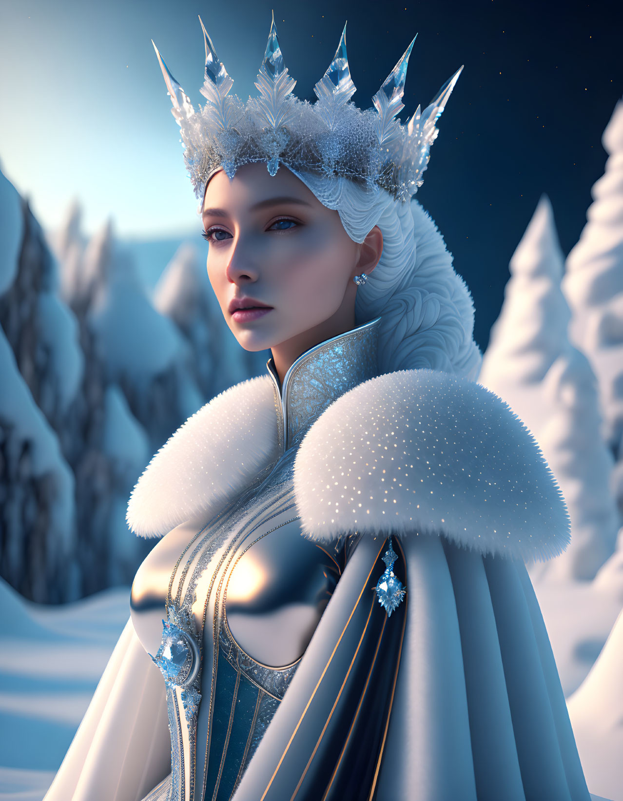 Regal figure in ice crown and white fur cape in snowy mountain landscape