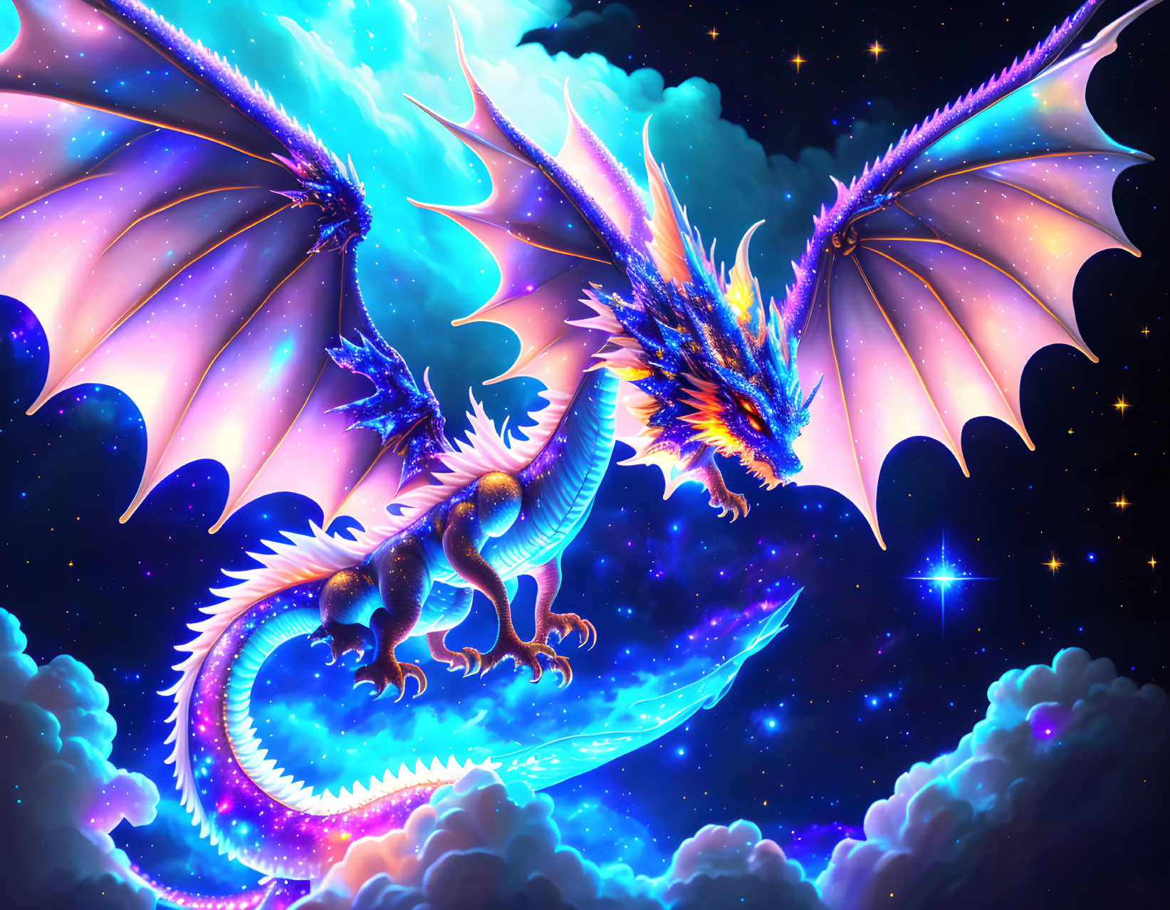 Colorful mythical dragon flying in starry night sky