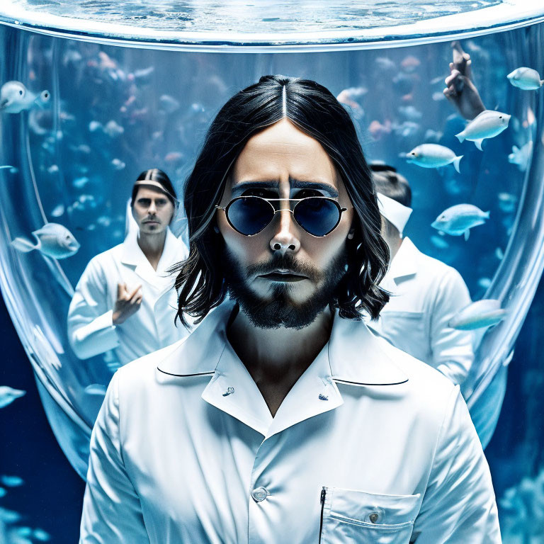 Man with long hair and sunglasses at aquarium with fish and two others in white attire