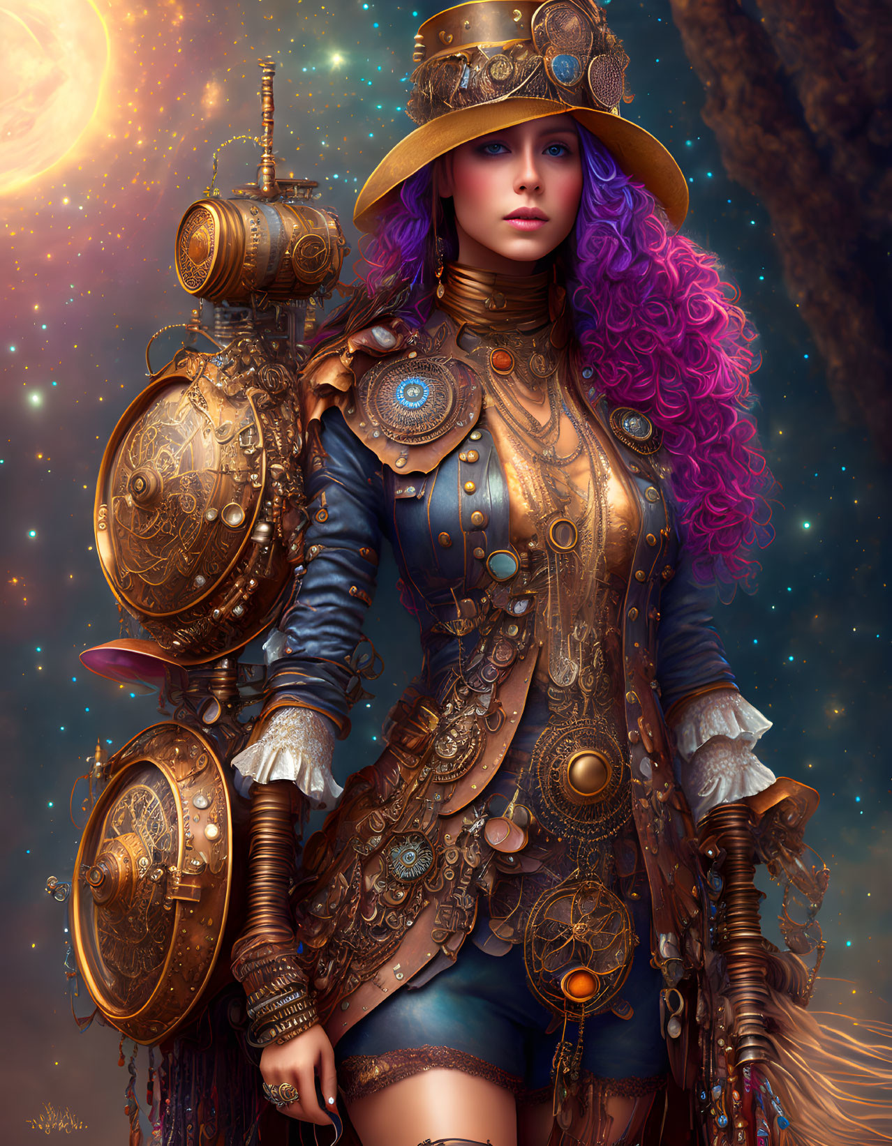 Colorful Steampunk Art: Woman in Ornate Gear with Purple Hair