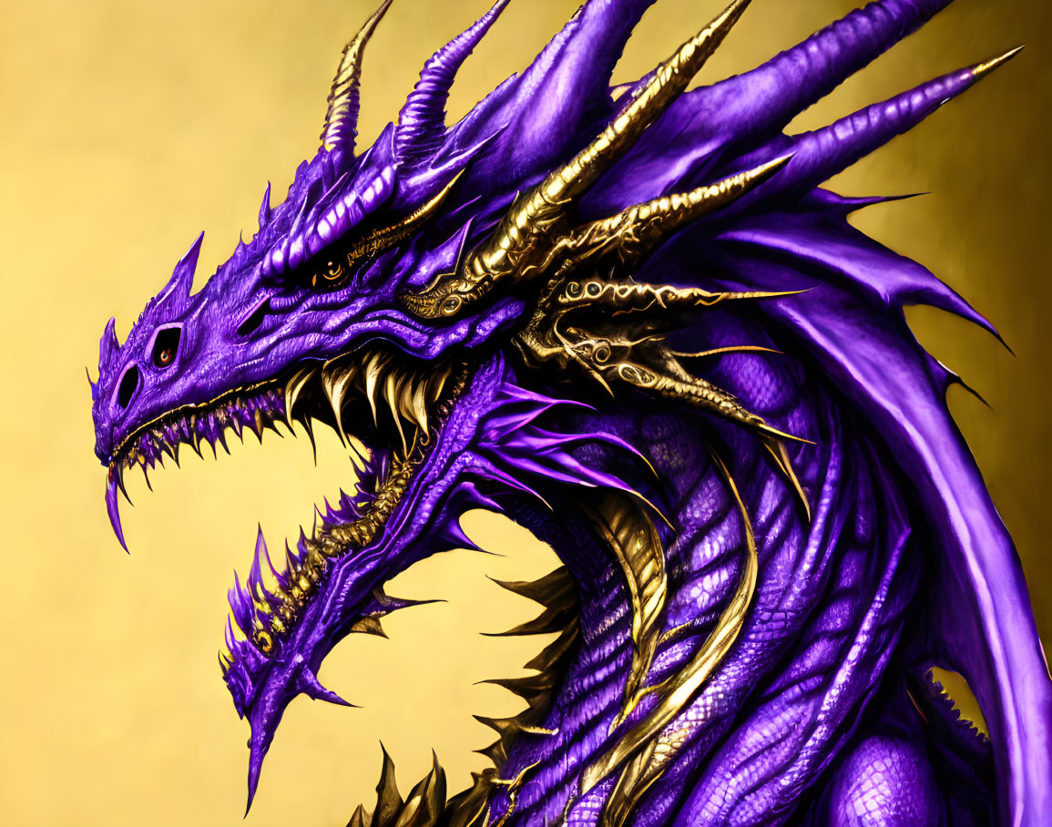 Detailed purple dragon with golden highlights on yellow background