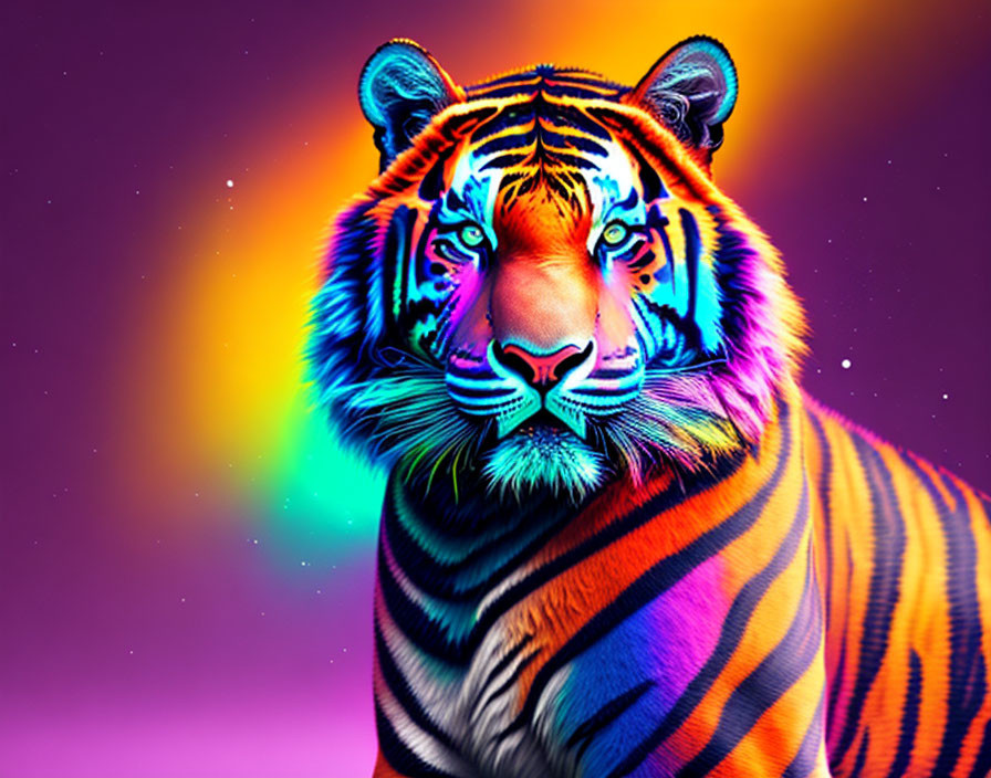 Colorful Tiger Artwork on Purple-Pink Gradient Background