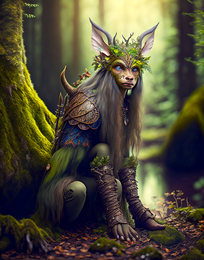 Enchanted forest scene with creature wearing leafy crown