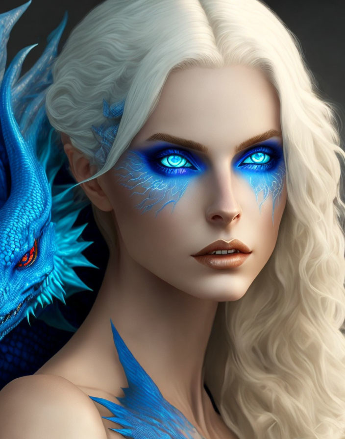 Fantasy portrait: Woman with blue eyes, pale skin, white hair, and blue dragon.