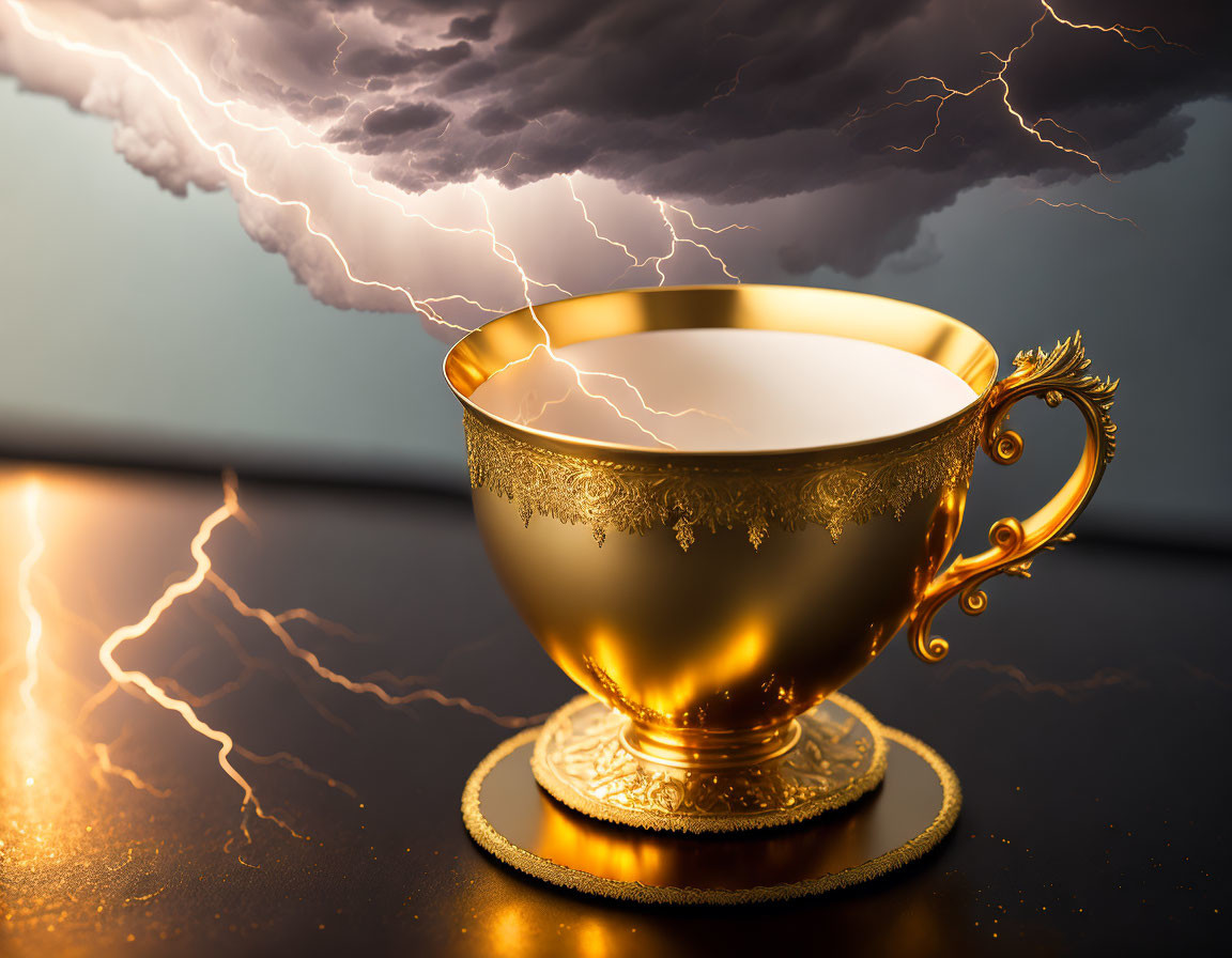 Golden Cup with White Substance and Lightning on Stormy Background