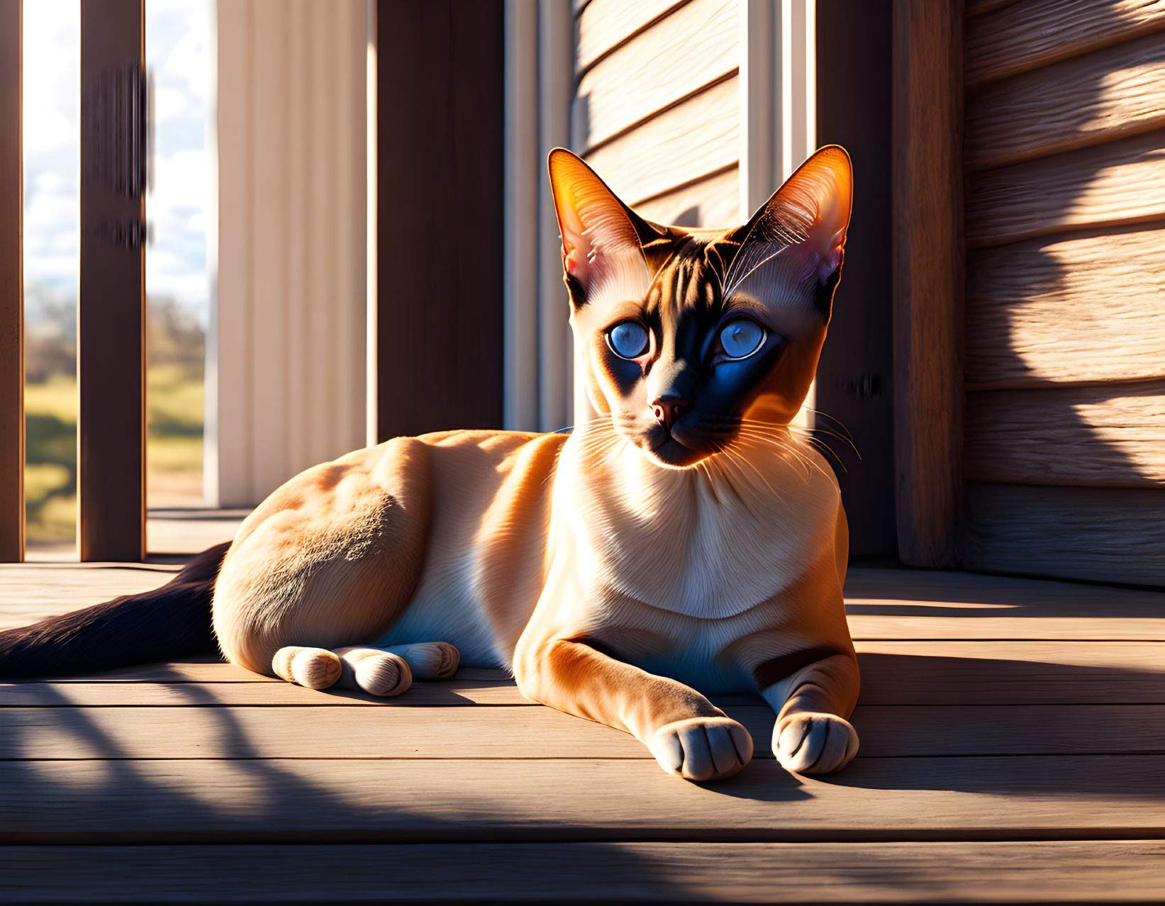 Siamese Cat with Blue Eyes Sunbathing on Wooden Deck