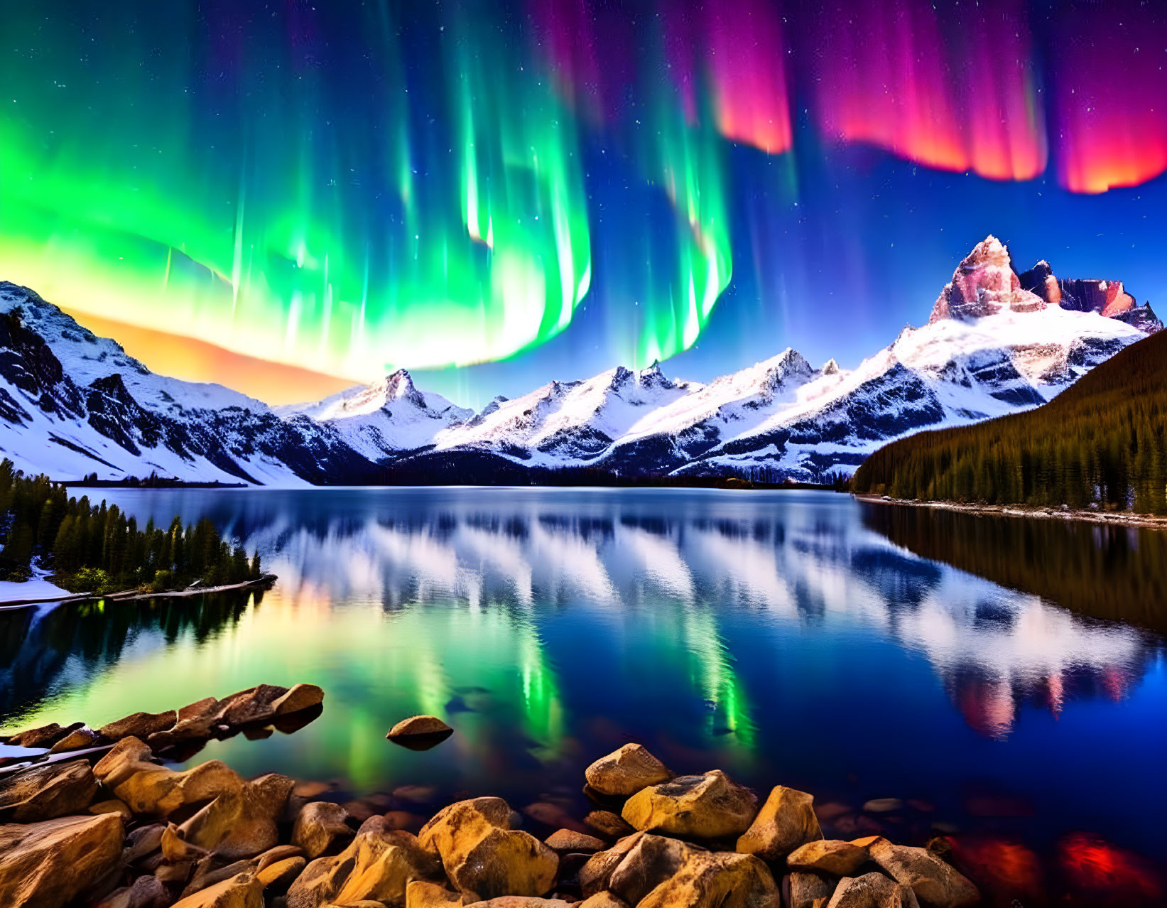 Vibrant aurora borealis above snowy mountains and starlit lake