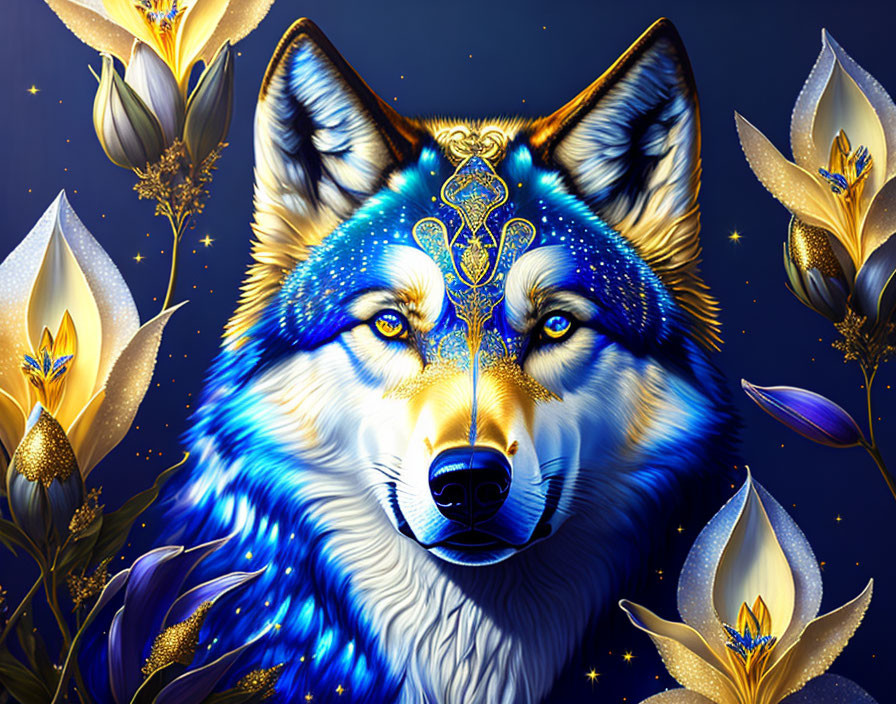 Blue wolf with golden markings surrounded by glowing flowers on dark background