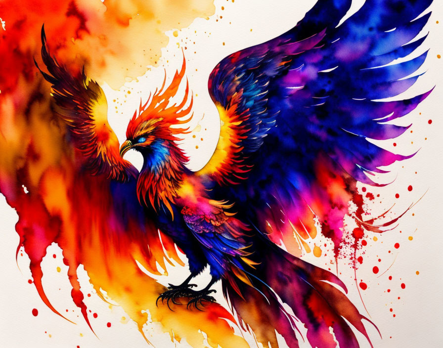 Colorful Phoenix Watercolor Painting with Outstretched Wings