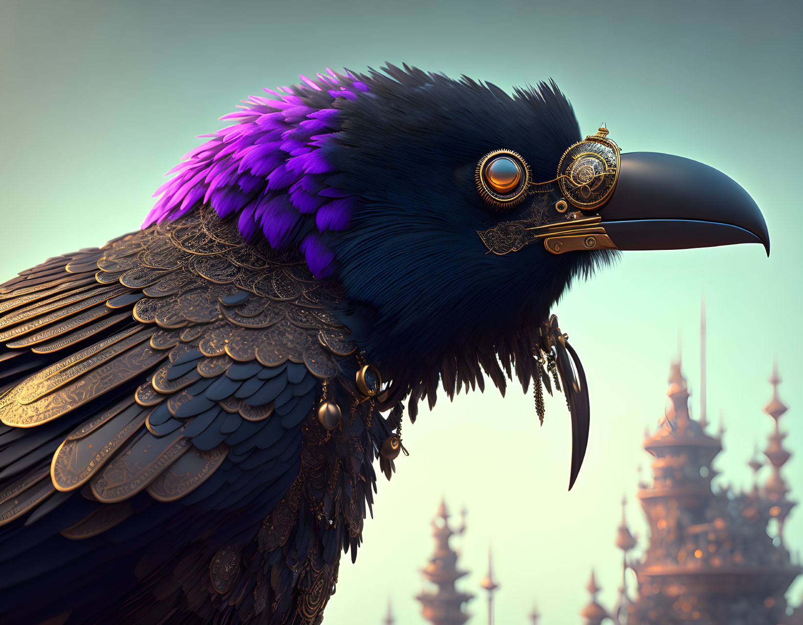 Steampunk-inspired raven with metallic sheen and gear eye-piece in ornate cityscape