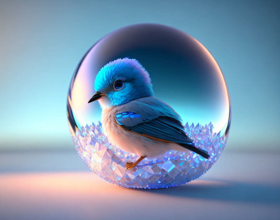Blue bird perched on crystalline base with reflective bubble on soft blue backdrop