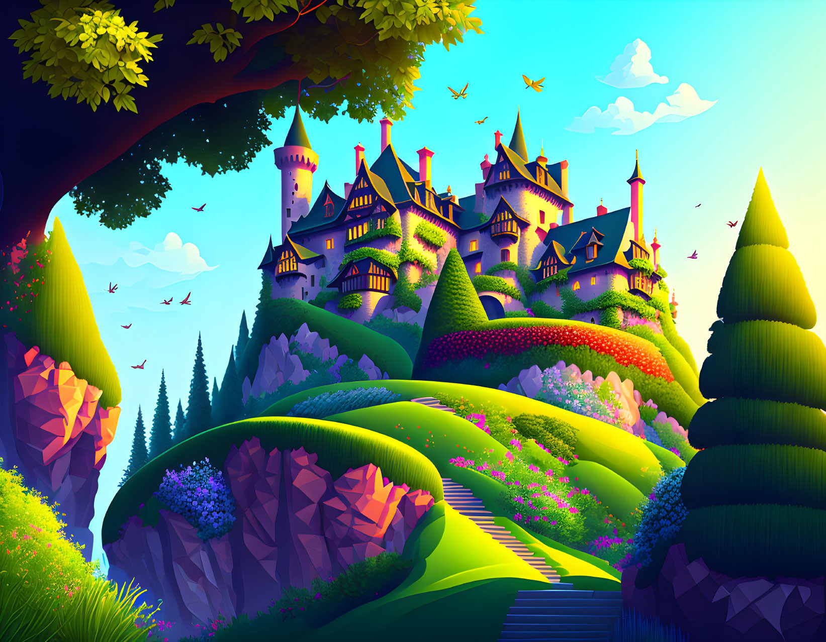 Fantasy castle on green hills with stone stairs and flying birds