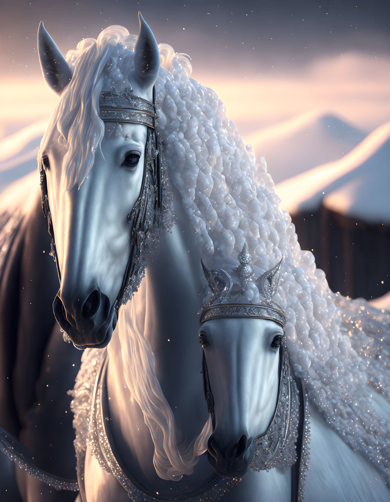 Two White Horses with Ornate Bridles Against Snowy Mountain Backdrop