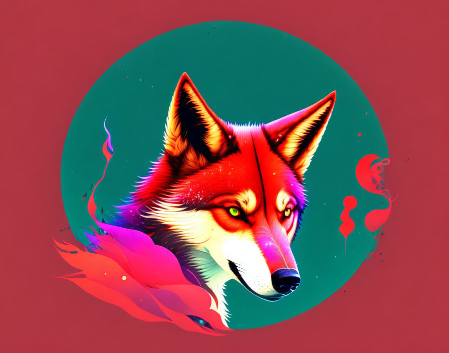 Red and white fox illustration on teal backdrop in circular frame