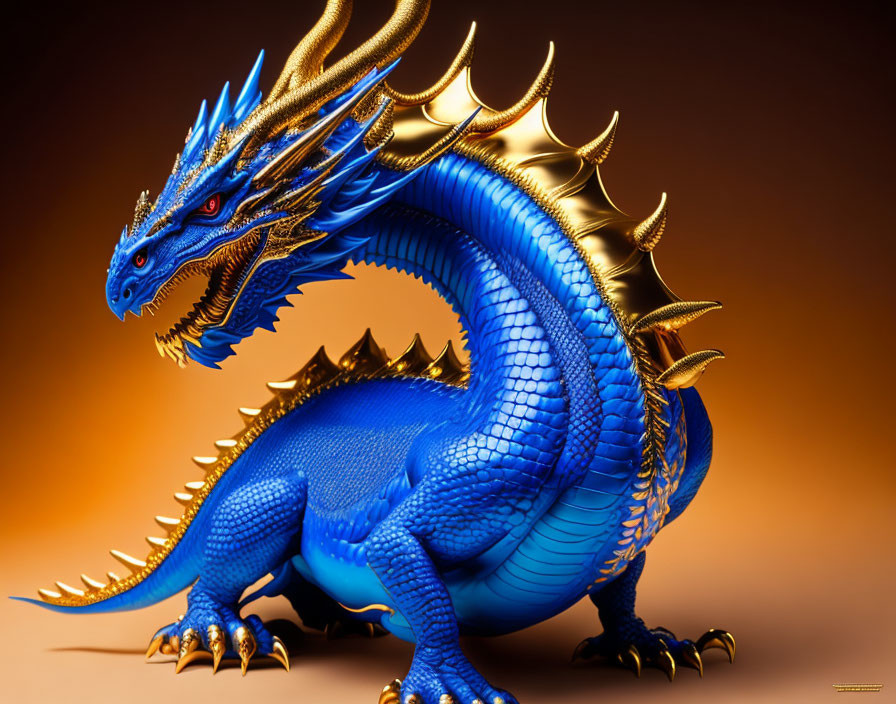 Blue Dragon with Gold Accents and Red Eyes on Orange Background