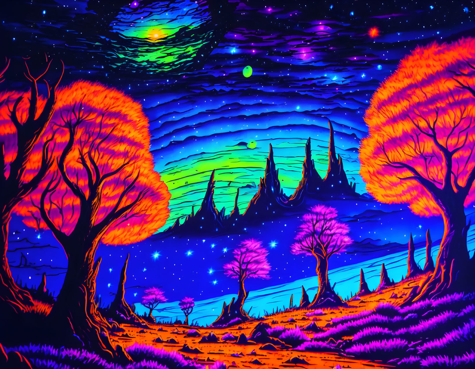 Colorful Psychedelic Landscape with Neon Trees and Northern Lights