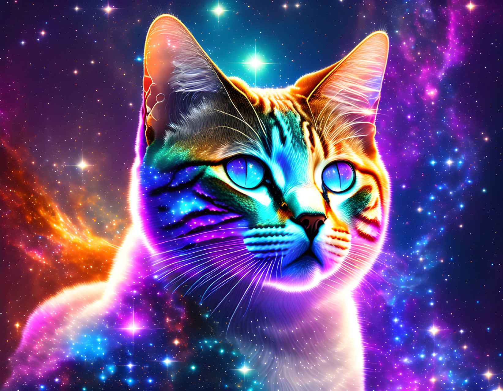 Colorful cosmic cat digital art against starry galaxy background