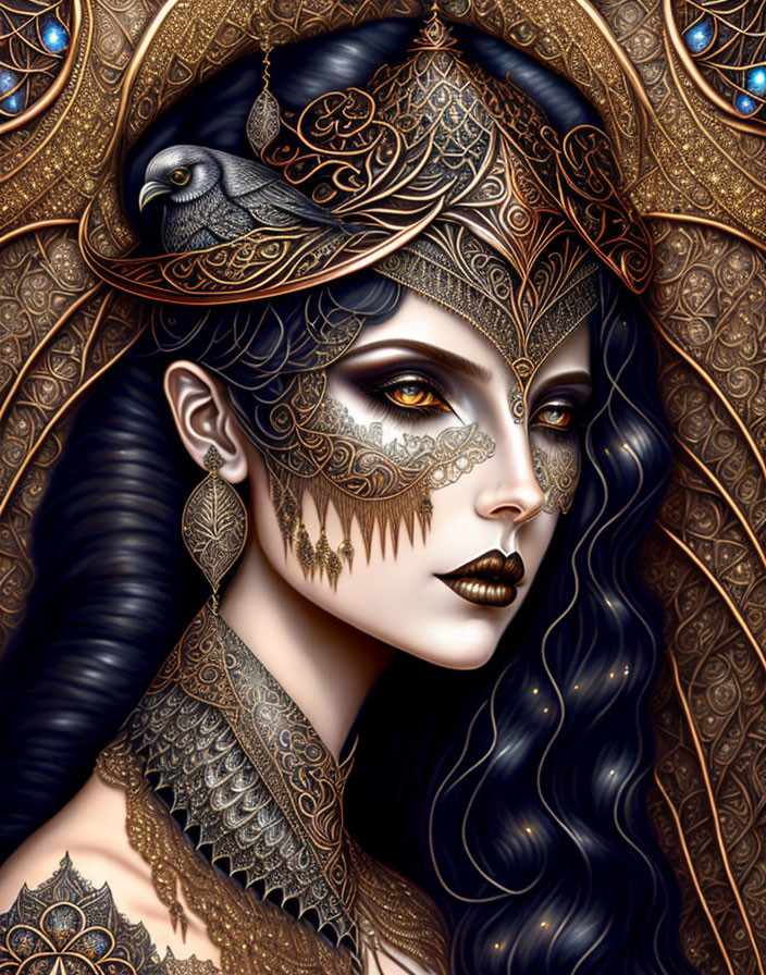 Fantasy illustration of a woman with black hair and golden headgear alongside a crow in a mystical setting