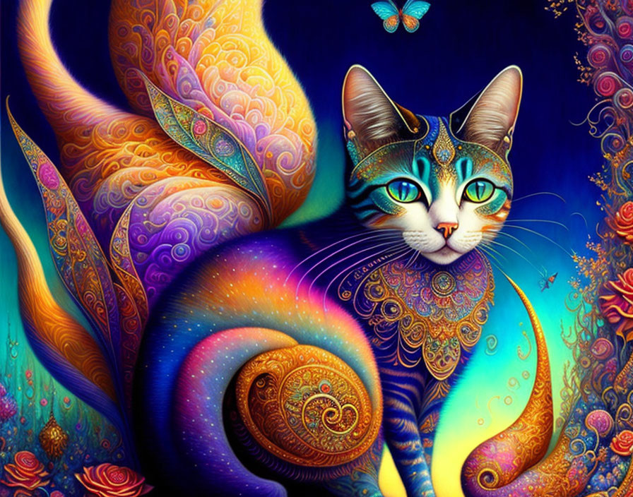 Colorful Whimsical Cat Illustration with Butterfly on Blue Background