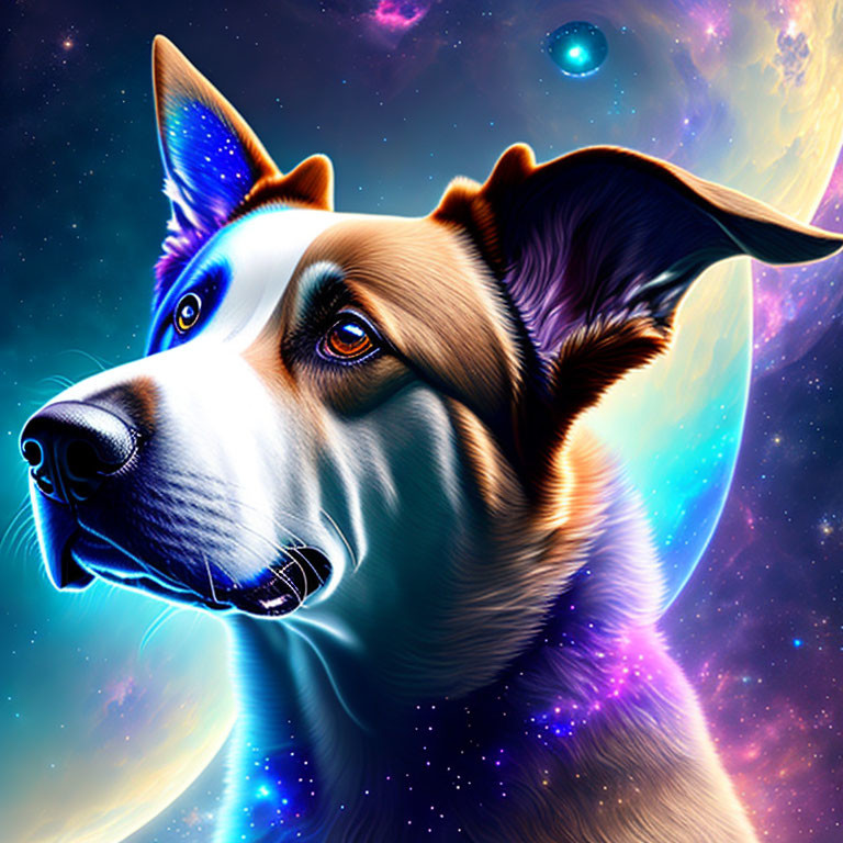 Colorful Cosmic Dog Illustration with Stars and Planets