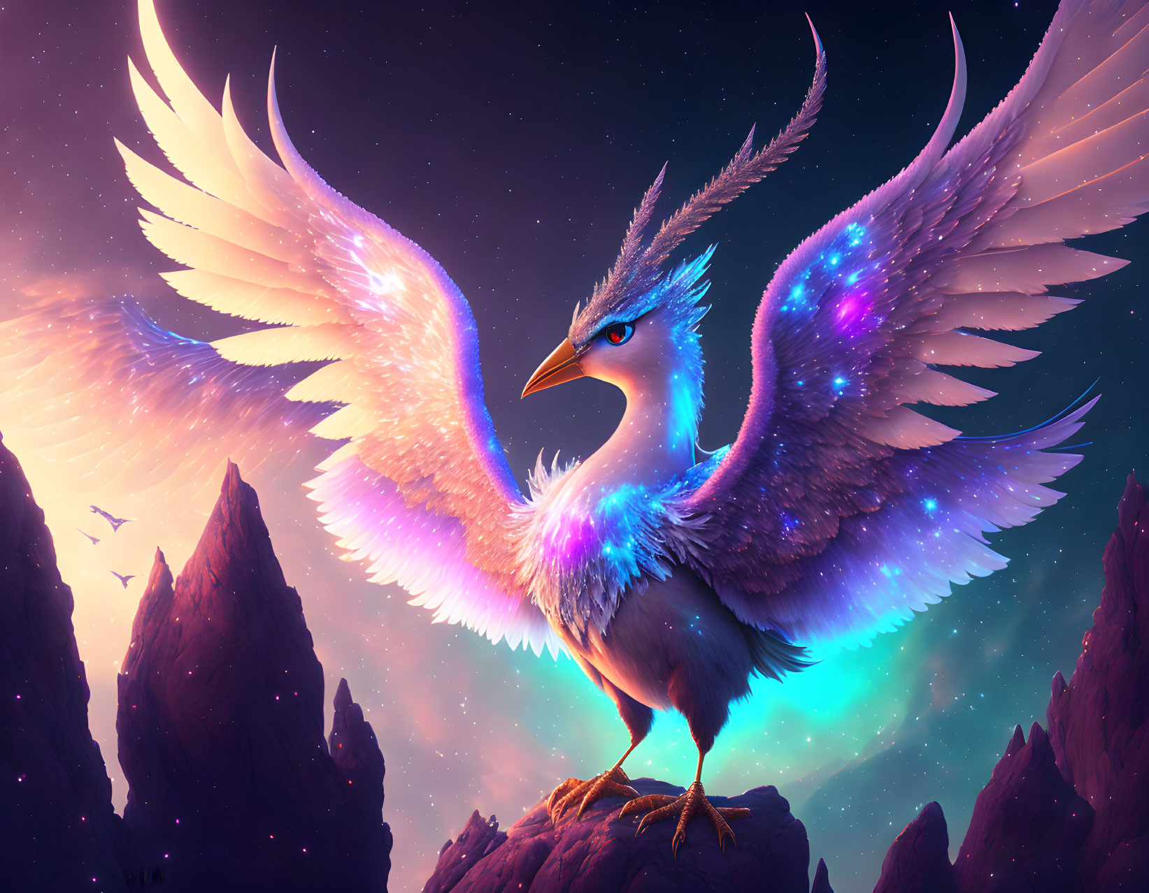 Majestic mythical bird with blue feathers on rocky peak at twilight