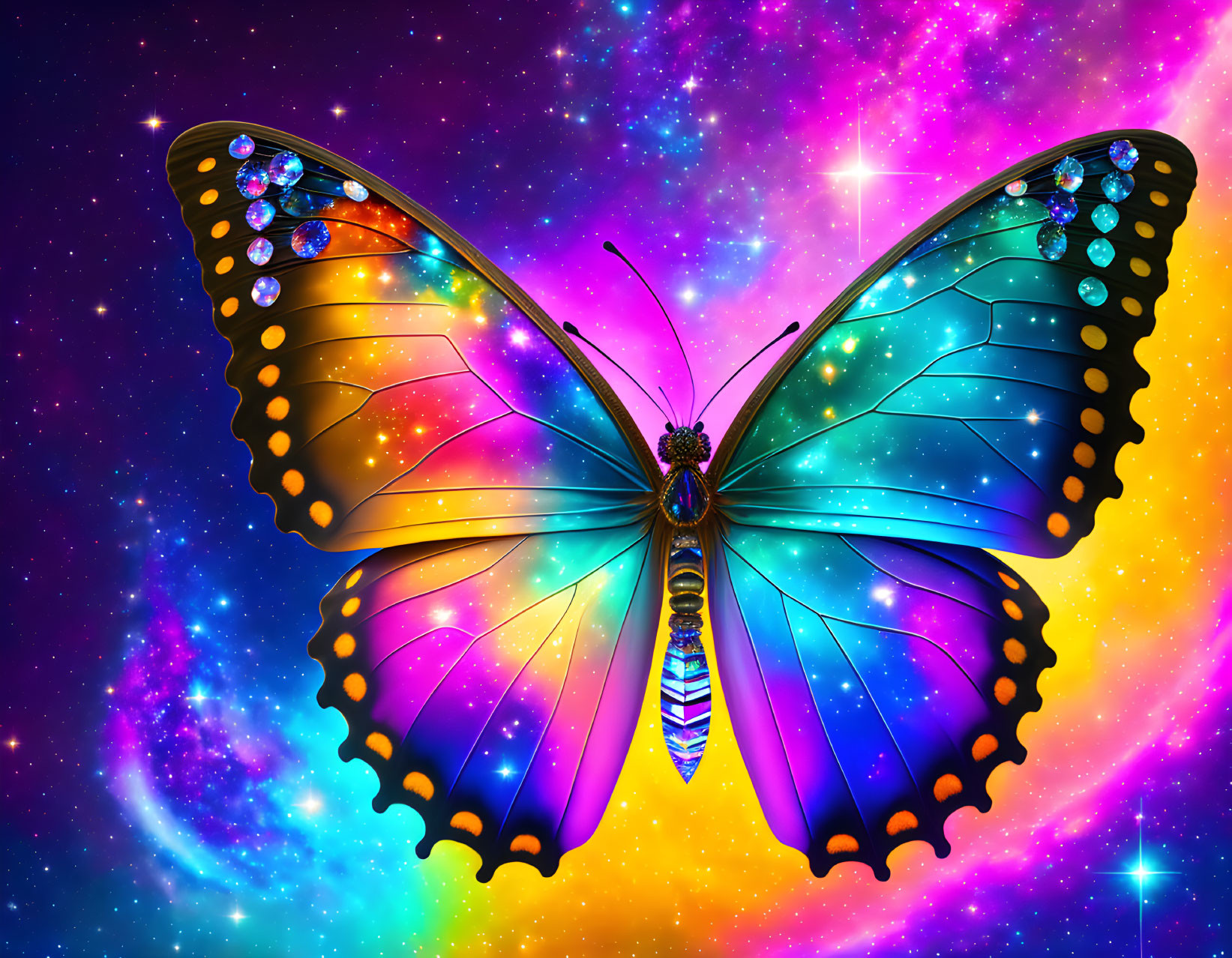 Colorful Butterfly Artwork with Jeweled Wings on Cosmic Background